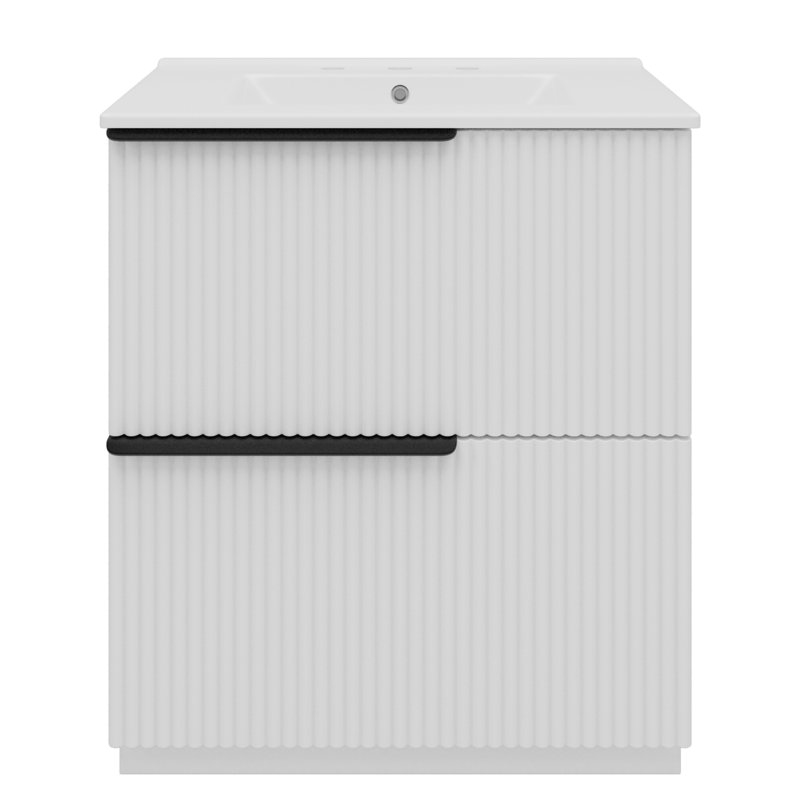 Meuble-lavabo blanc de 30 po avec solution de rangement intelligente, 17,5 po de long, aspect fonctionnel, tiroirs à extension et tiroir à fermeture en douceur