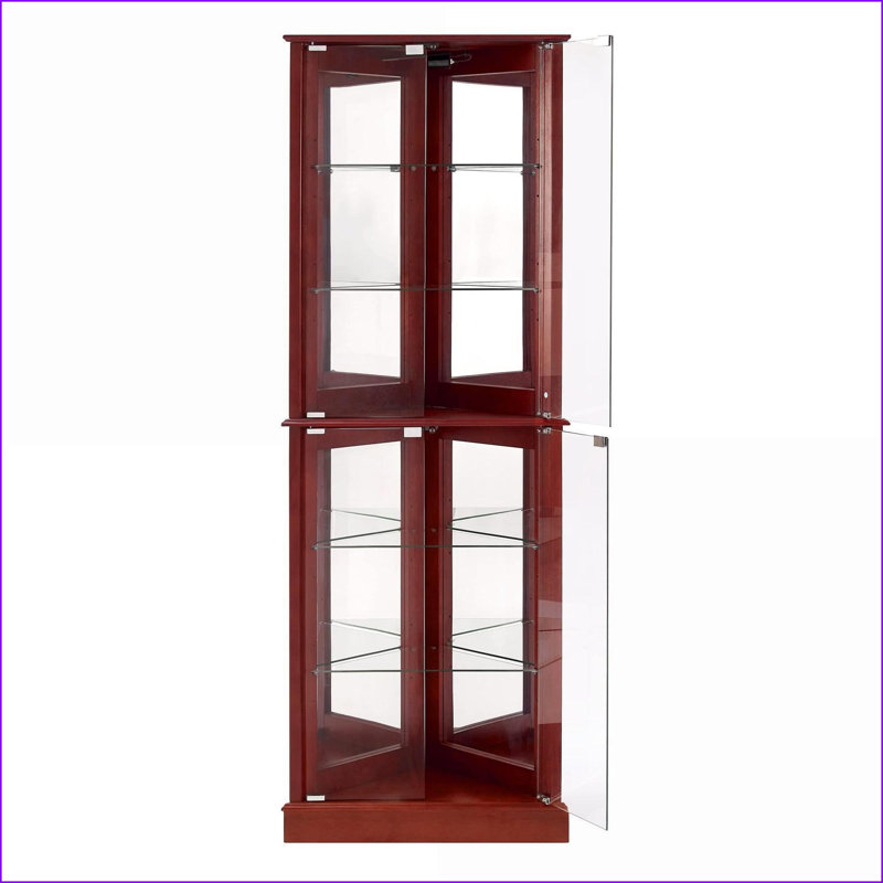 Armoires, commode de coin traditionnelle avec lumières, dossier en miroir, bois d'ingénierie cerisier | Traditionnel | En coin