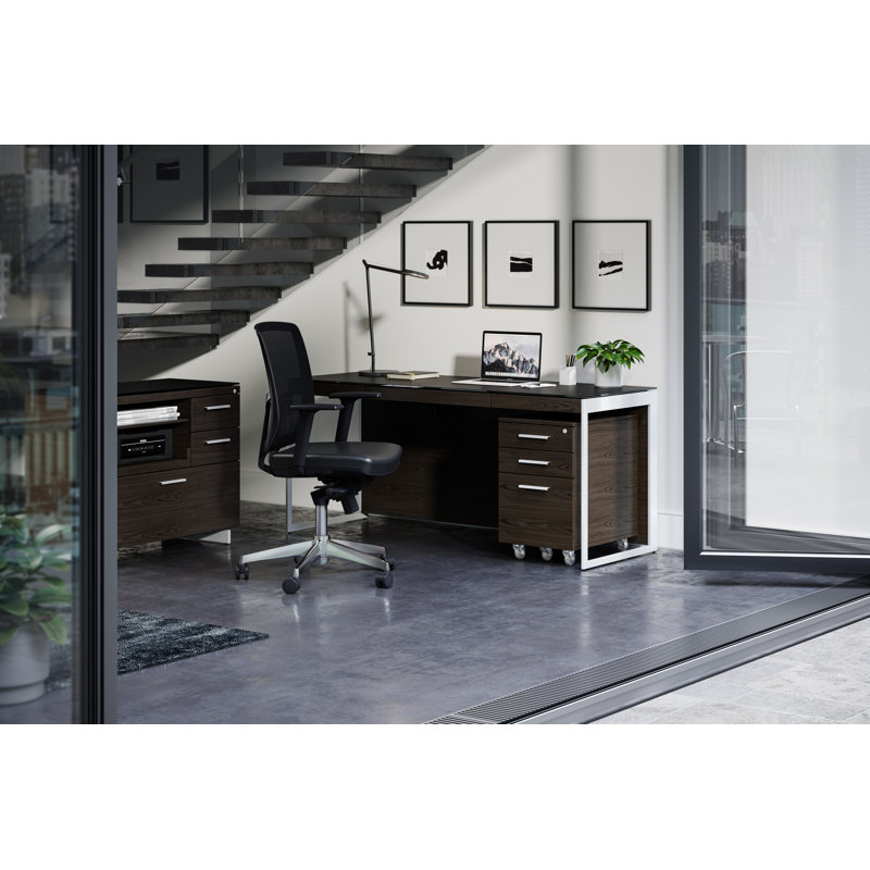 Sequel 20 Glass Writing Desk, Charcoal Stained Ash/Satin Nickel, 24.75" H x 48" W x 24" D