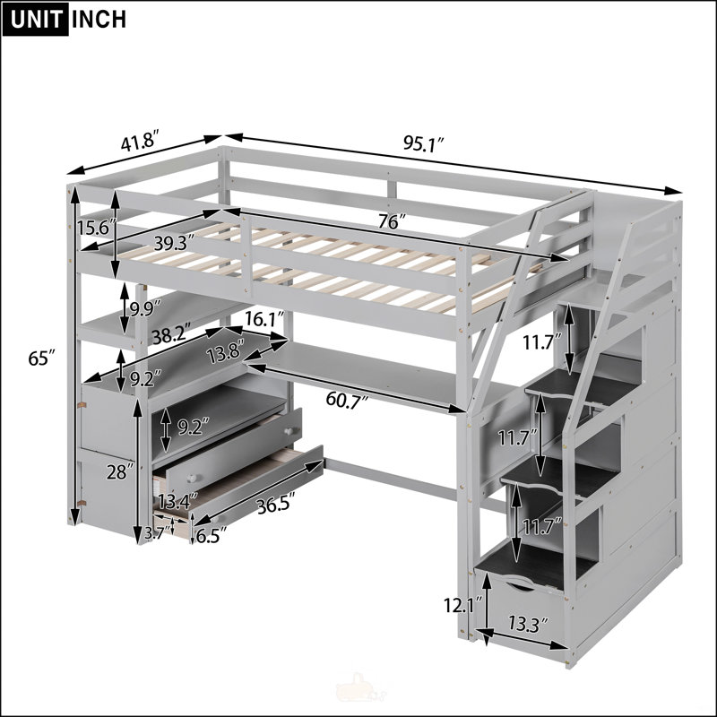 Lit mezzanine simple avec bureau, tablettes, tiroirs intégrés et escalier de rangement gris, parfait pour un usage peu encombrant et multifonctionnel.