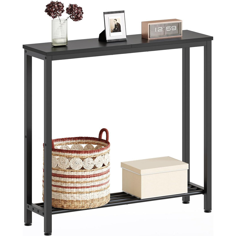 Console industrielle étroite avec tablettes à 2 niveaux, canapé peu encombrant pour l'entrée, le couloir et le salon, structure en métal robuste et conception facile à assembler