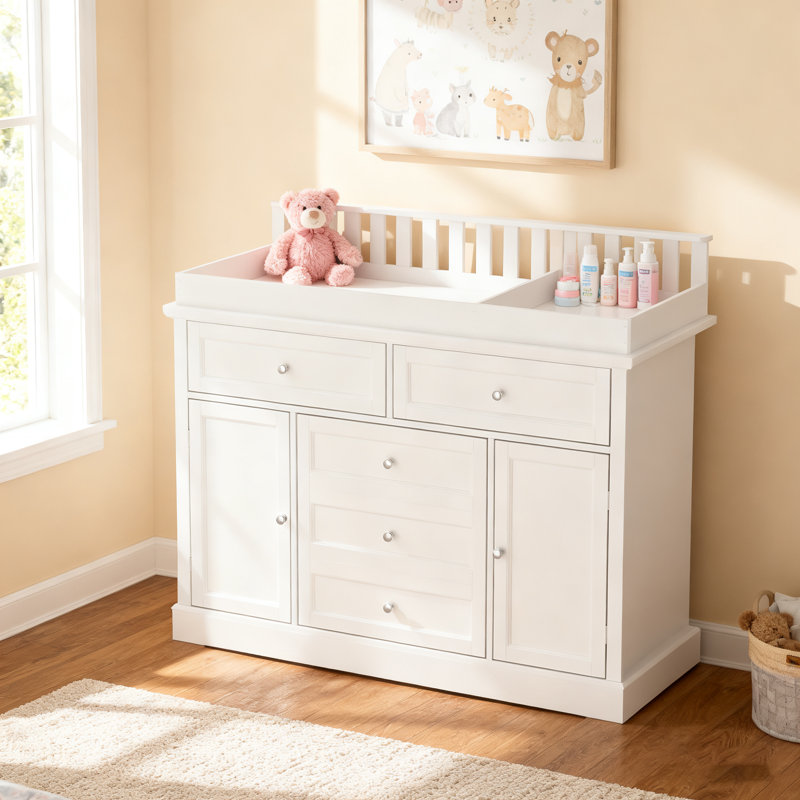 Commode blanche pour enfant avec table à langer, 3 tiroirs et 2 armoires