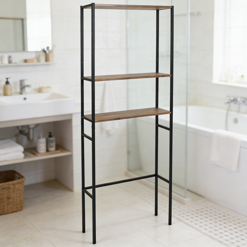 Tablette de rangement industrielle au-dessus de la toilette avec conception à 3 niveaux - Maximise l'espace vertical de la salle de bain avec une structure en fer robuste et des tablettes en placage faciles à nettoyer