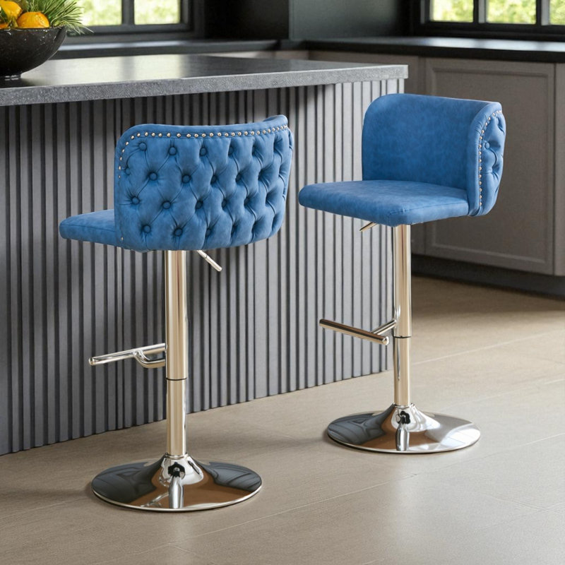 Zager Swivel Adjustable Height Bar Stool, Modern PU Leather Kitchen Island Counter Bar Chair , Blue Seat/ Silver Frame