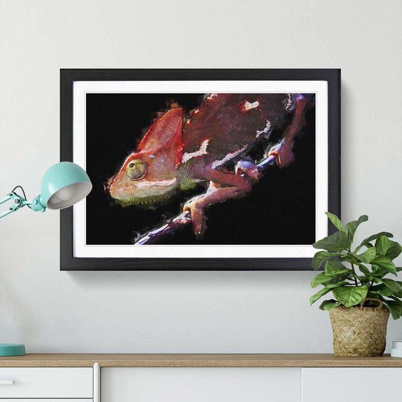 Red Chameleon Lizard in Abstract - Picture Frame Graphic Art Print, 48cm H x 65cm W x 2cm D, Black Framed