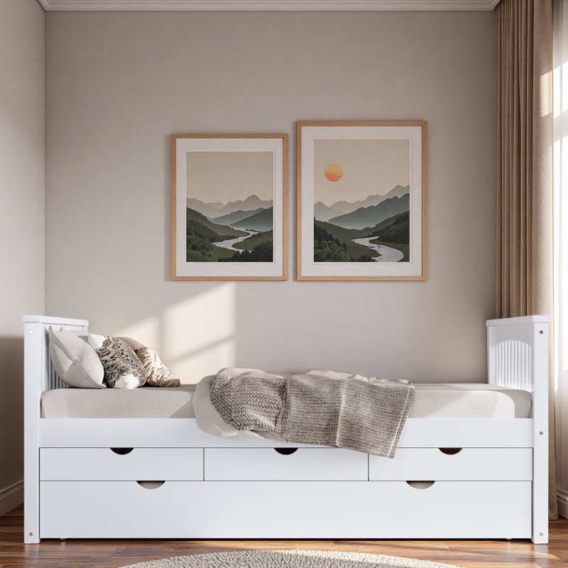 Lit plateforme avec 3 tiroirs et lit gigogne, Blanc / Blanc