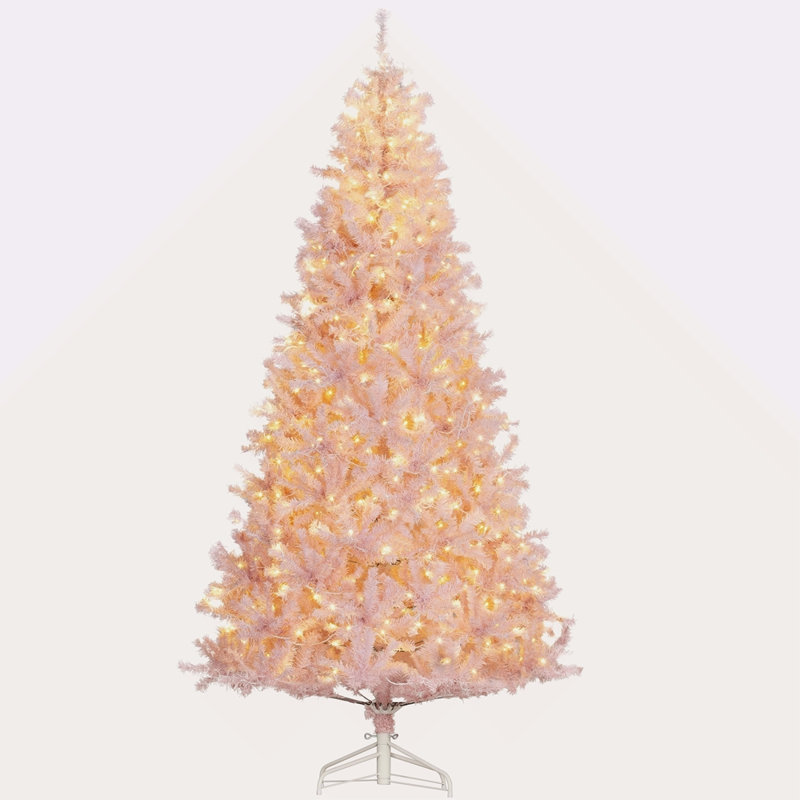 Sapin de Noël artificiel 7,5 pi avec branches réalistes, 500 lumières DEL blanc chaud et 1346 pointes, rose, Rose