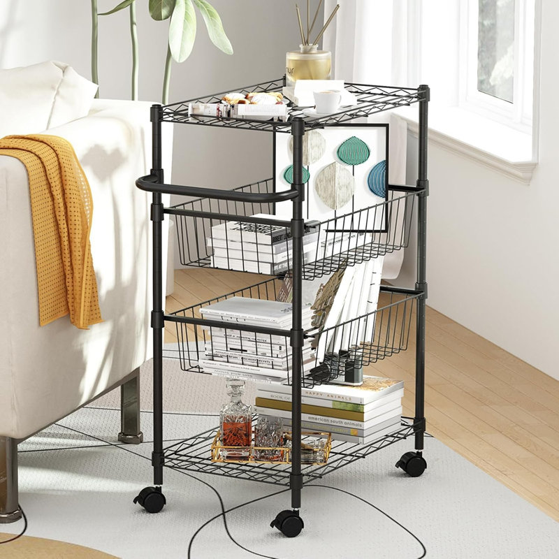 Chariot de rangement à 4 niveaux avec tablettes et paniers réglables Organisateur utilitaire mobile avec roues verrouillables pour la cuisine