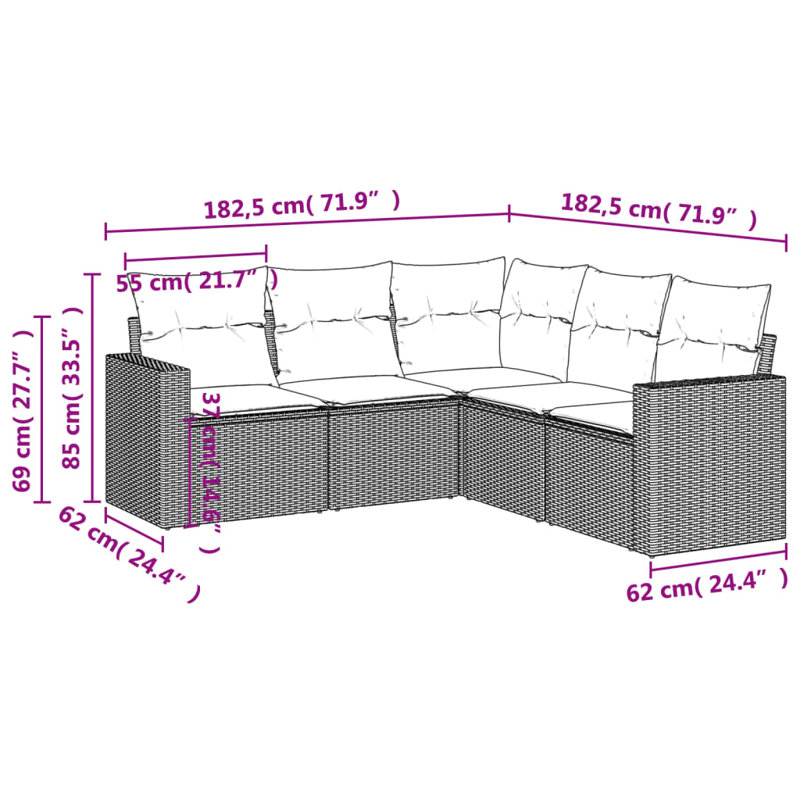  Ensemble de canapé de patio 5 pièces avec coussins en rotin de polyester noir