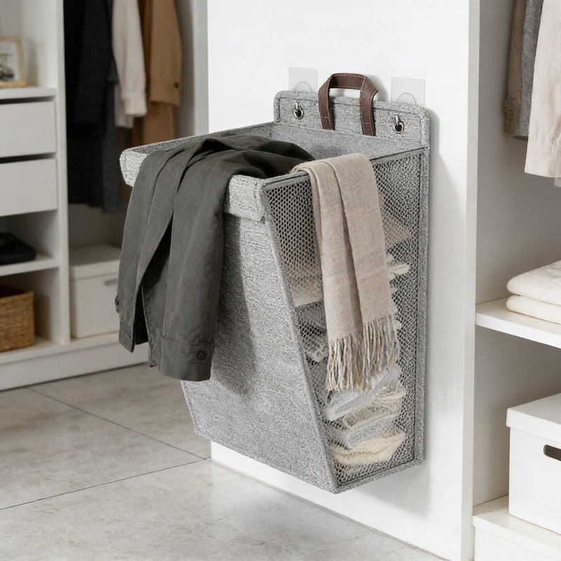 Two Medium-Sized Grey Pieces,Foldable Laundry Hamper Basket For Home, Bathroom, Dorm - Multi-Functional Storage Organizer With Wall Mount Option, Made Of Breathable Linen Cotton Blend