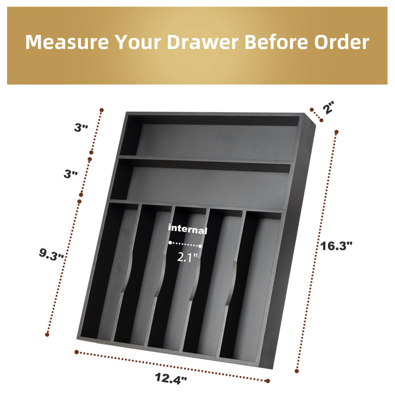 Rangement à ustensiles en bambou noir pour tiroir de cuisine, 7 ustensiles et plateau à couverts avec compartiments profonds, porte-couverts pour la cuisine