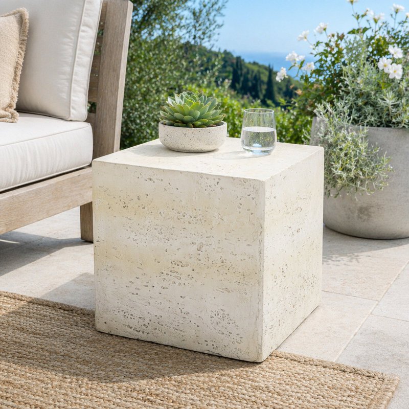 Table d'appoint en faux travertin cube MGO - pré-assemblée, capacité de 80 lb