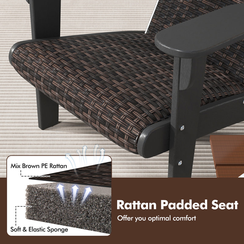 Set of 2 Adirondack Chair w/ Rattan Padded Seat & Back Wide Hidden Cupholder Patio, Black