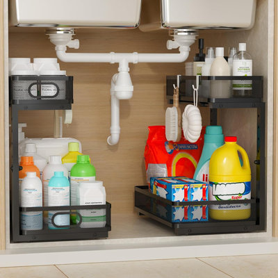 Rangement sous-évier à 2 niveaux, ensemble de 2 armoires coulissantes noires avec tiroirs coulissants en métal et crochets pour la cuisine et la salle de bain