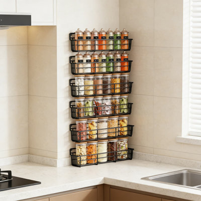 Wall Mounted Spice Rack Organizer, 6-Pack Space-Saving Hanging Shelf For Spice Jars And Seasonings, Adjustable Kitchen Cabinet Or Pantry Door Storage With Screw And Adhesive Installation Options