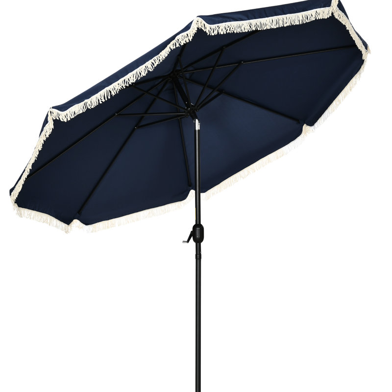 Parasol de patio bleu foncé de 9 pi avec inclinaison et manivelle, volant pour parasol de terrasse de jardin de 9 pi