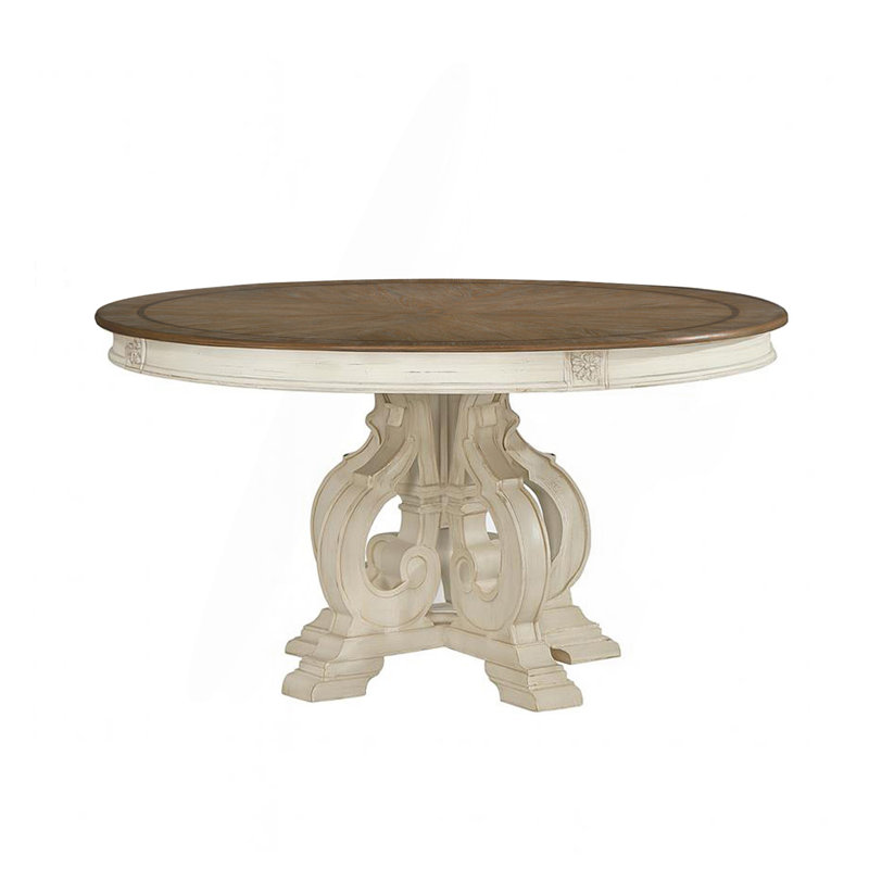 Table de salle à manger ronde à piédestal traditionnel au fini blanc antique