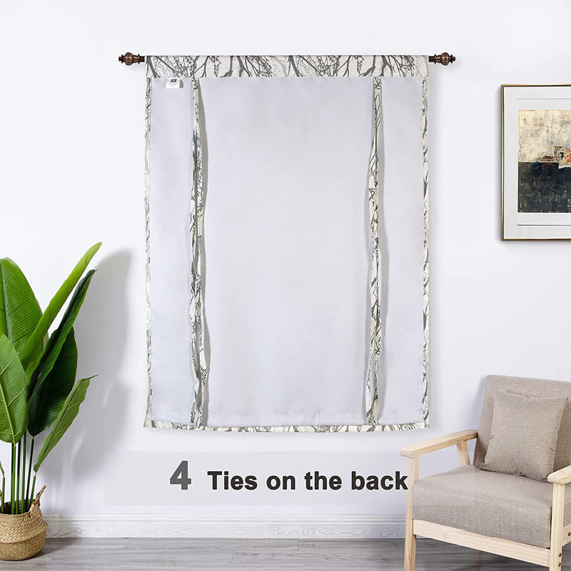 Linen Blend Toile Blackout Thermal Rod Pocket Tie Up Curtain Single Curtain Panel, Gray
