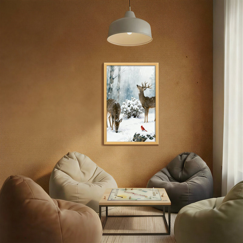 Animaux, hiver, cerf et cardinal, scène