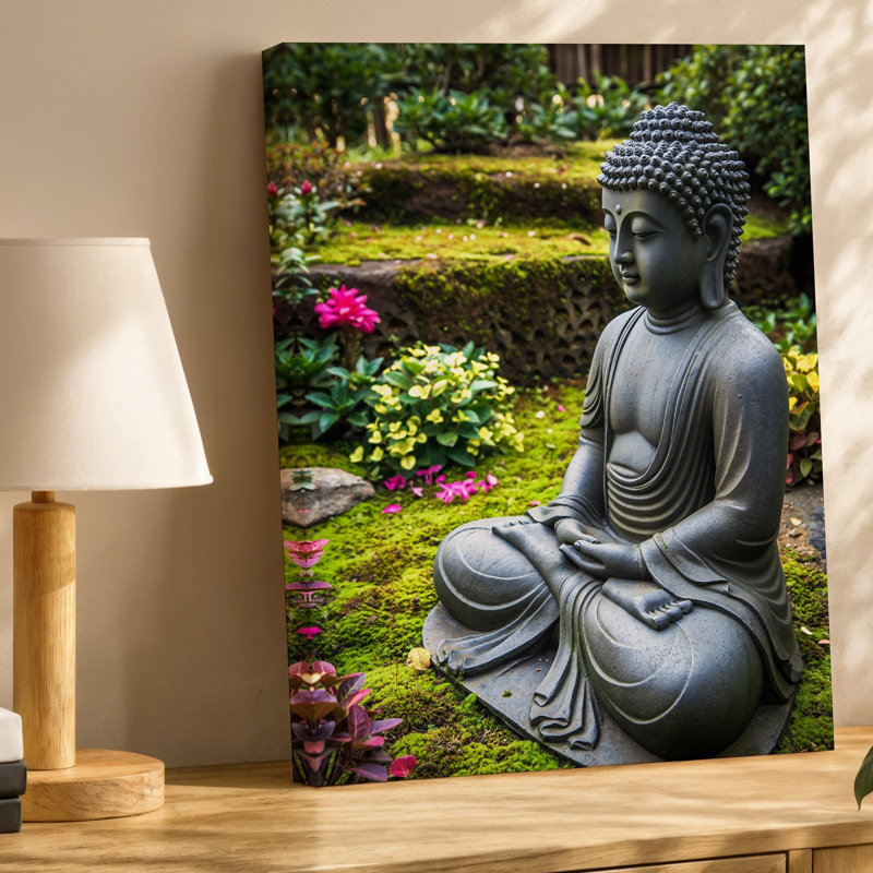 Toile, statue de Bouddha sereine posée dans une pose méditative sur un mur, galets noirs lisses entourés de mousse verte vibrante et art mural sur toile colorée