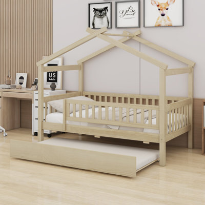 Wooden house bed with trundle