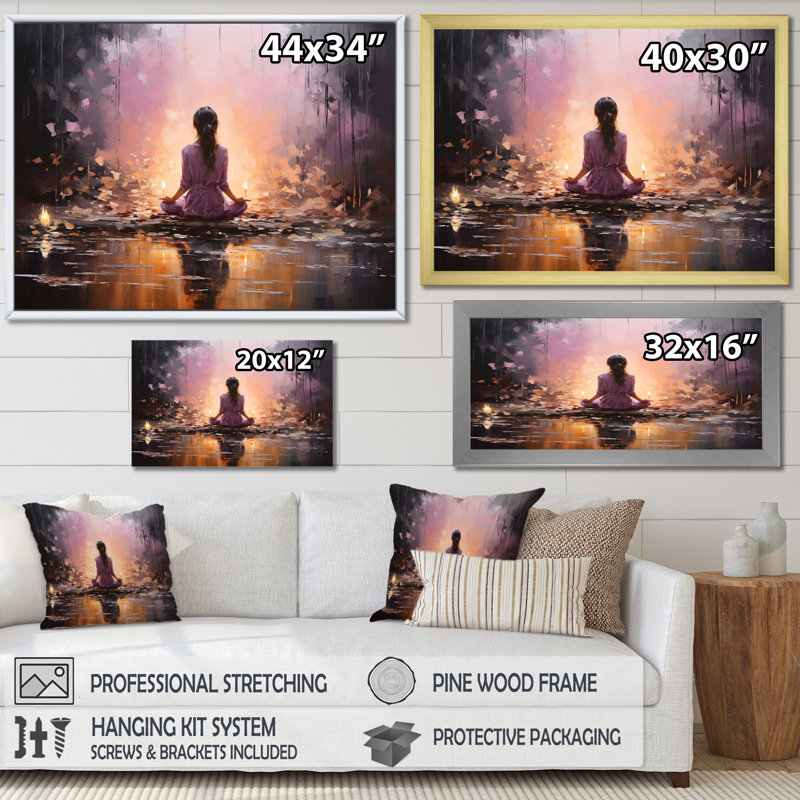 «Pink Yoga Mediation I», reproduction sur toile, Cadre flottant blanc, 16" H x 32" W