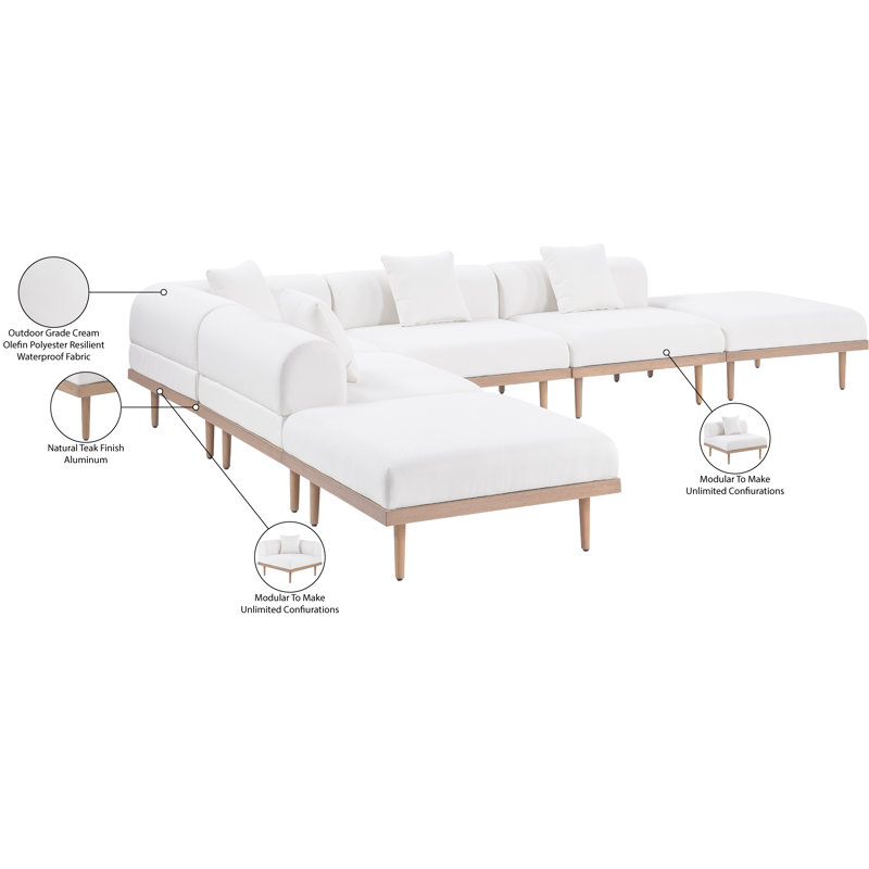 Canapé modulaire d'extérieur en oléfine résilient résistant à l'eau de 142 po Madeleine, Crème, crème