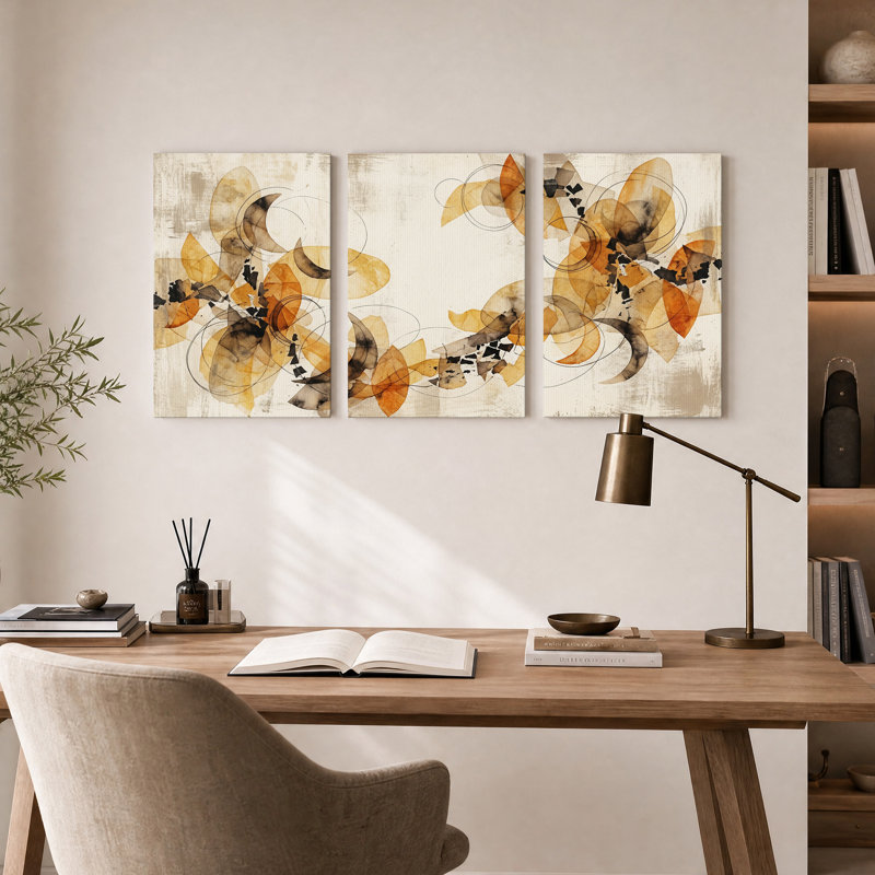 Ensemble de 3 toiles abstraites à l'aquarelle abstraite orange et brun clair, H 24 po x l 16 po x 3 pièces