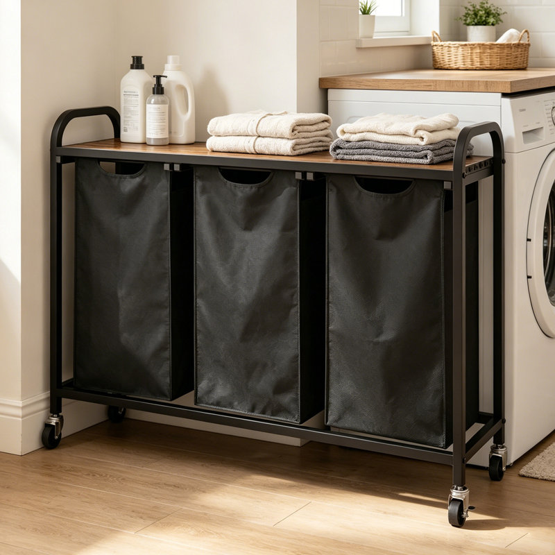 3 Removable Liners Laundry Hamper with Wheels, 3-Section Rolling Laundry Sorter Cart with Pull-Out Fabric Bags, Metal Frame Laundry Basket Organizer with Wood Top for Laundry Room
