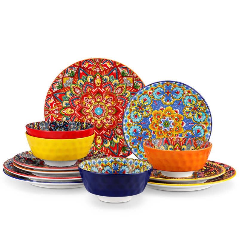Service de table 12 pièces pour 4 personnes Boho Chic, 12 impressions assorties, assiettes et bols en céramique colorée, vaisselle Mix and Match