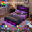 Sherell Bed Frame with Bookcase Storage Headboard and Footboard, LED Lights, Charging Station-409051021-409050995
