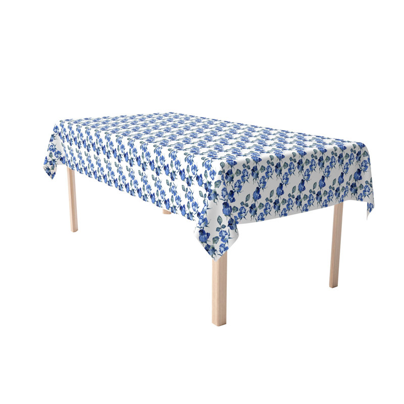 Rectangular Tablecloth, 100% Cotton, 52X104", Blue Watercolor Roses, 120" L x 52" W
