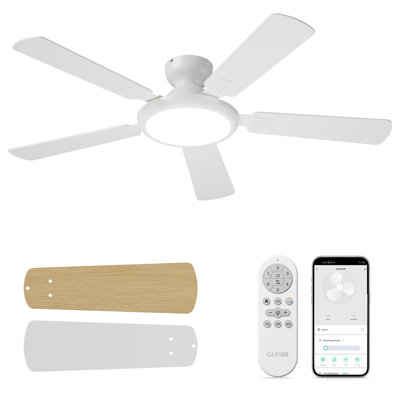 52" Smart Ceiling Fan with Dimmable 3-Colour LED Light – Quiet Reversible DC Motor, WiFi & Remote, Alexa Compatible, High CFM, Indoor/Outdoor, Low Profile – White Ceiling Mount