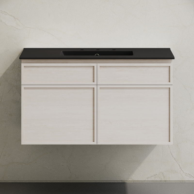 St. Tropez 36" Wall-Mounted Bathroom Vanity In White Oak With Black 3-Hole Widespread Sink Top, White, Black, 36.5"