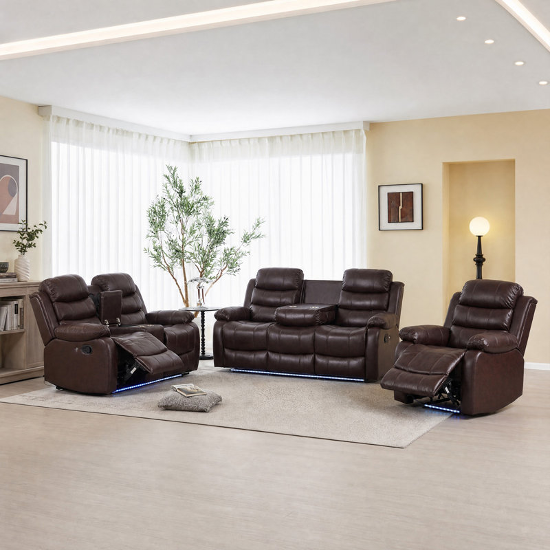 Ensemble de canapé manuel inclinable: fauteuil, causeuse (Bluetooth / USB) et canapé avec accents DEL, Brun