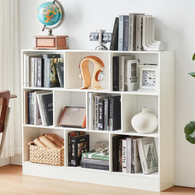 10 Cube Bookshelf with Base,3 Tier Mid-Century Modern Bookcase,Standing Wide Bookshelves Storage Organizer Shelf,Rustic Wood Display Cabinet Book Shel