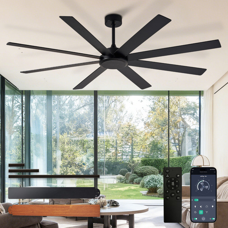 66" Large Ceiling Fans with Remote APP Control, Black Indoor Outdoor Ceiling Fan for Patios Living Room , 8 Blades Dimmable Timer Reversible Quiet DC Motor 6 Speeds