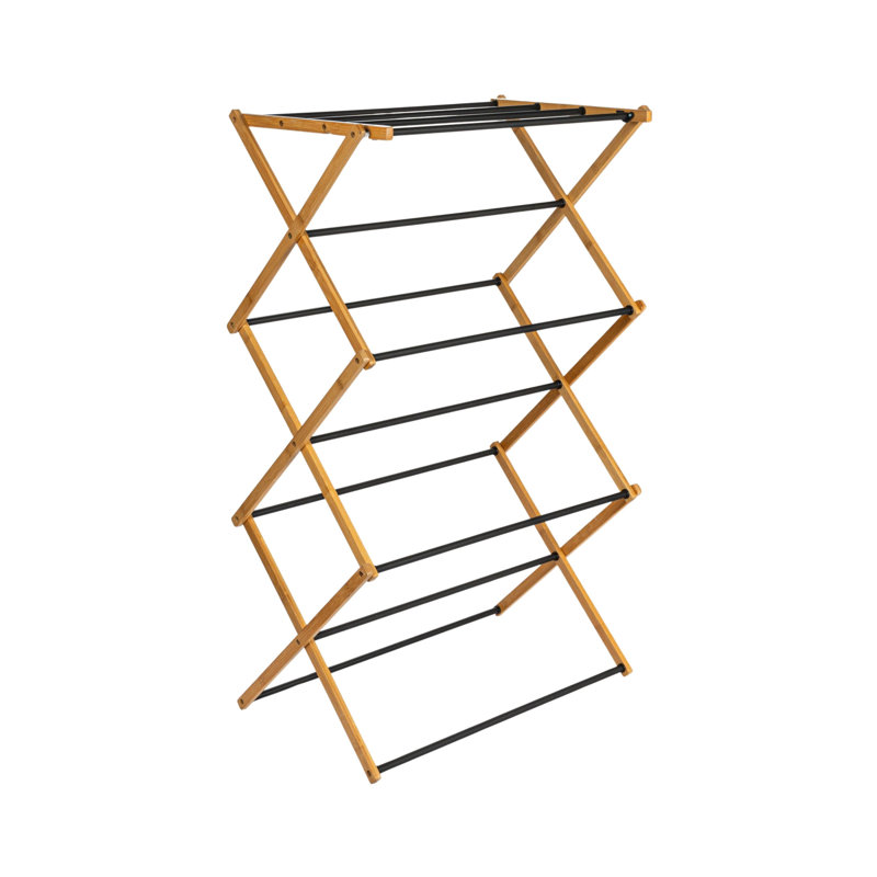 Compact Bamboo and Black Folding Clothes Drying Rack