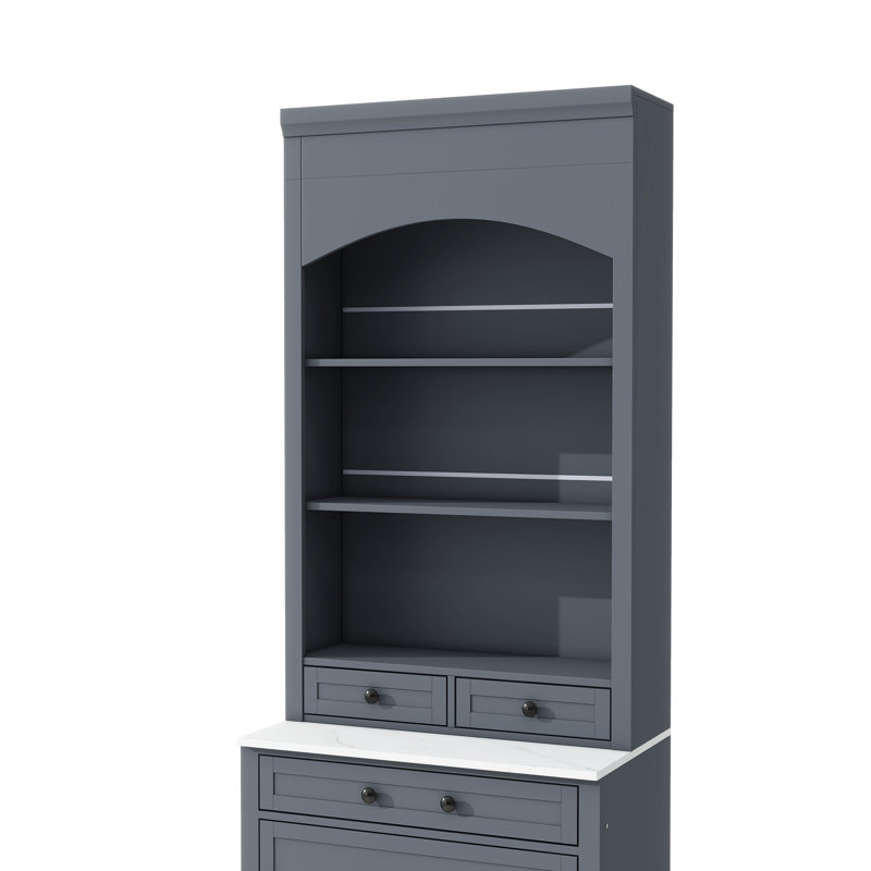 Buffet décoratif, garde-manger moderne haut, grande huche de cuisine autoportante avec plateau en faux marbre, armoire avec tablette réglable