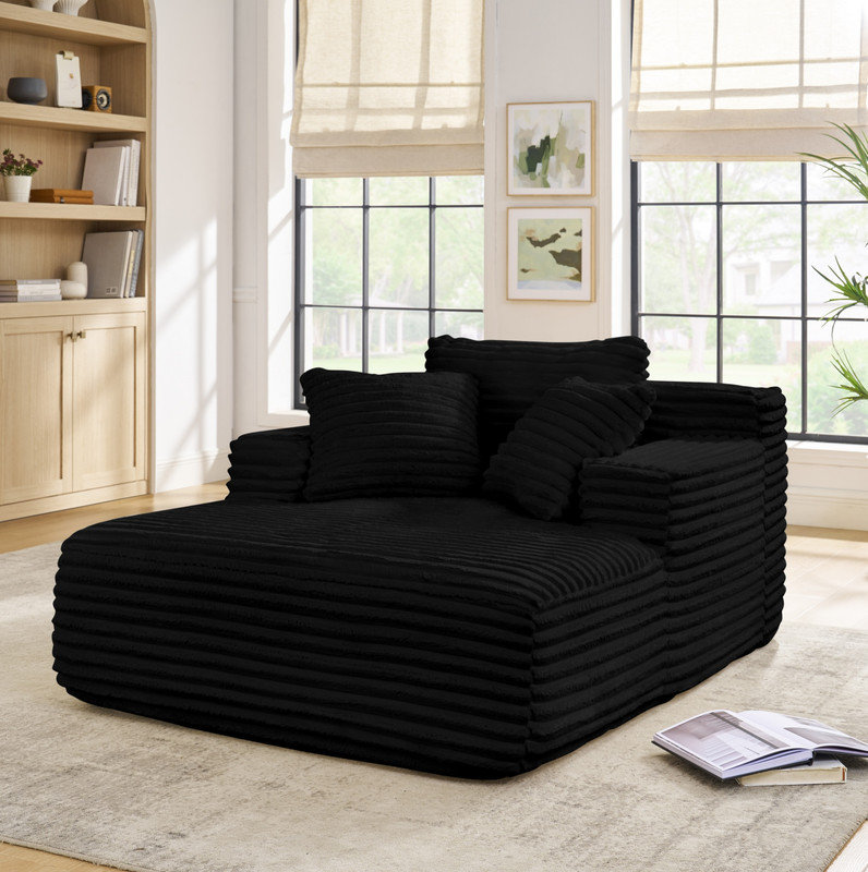 Living Room Compressed Chaise Lounge Foam Sofa bed, Fluffy Corduroy Upholstered Cloud Couch with Deep Seat, , Black