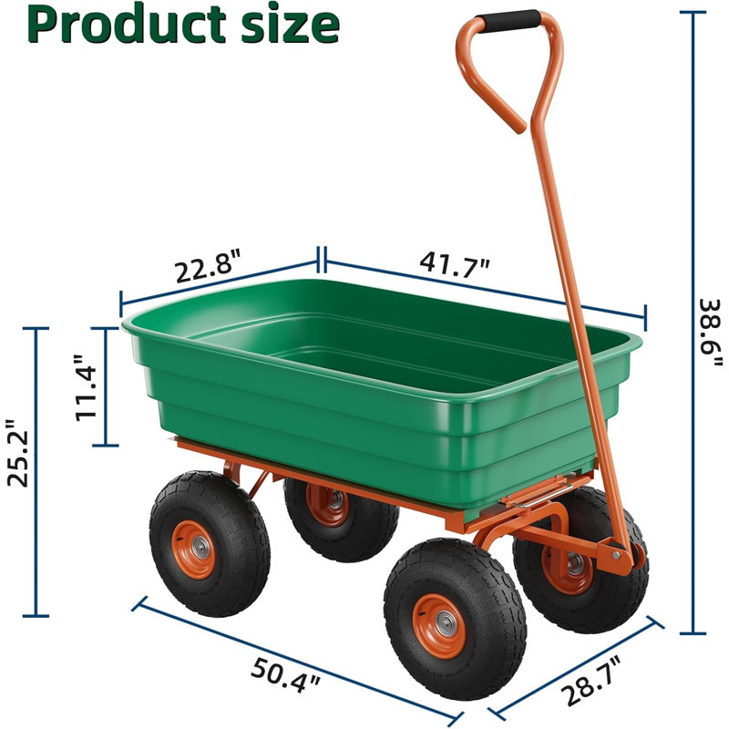 Chariot de jardinage robuste avec capacité de 600 lb, chariot utilitaire tout-terrain avec poignée réglable et benne à dégagement rapide en poly pour la cour, le sol, les plantes et les outils