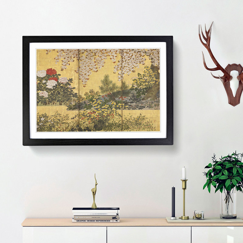 Flowers and the Butterflies by Tawaraya Sotatsu - Picture Frame Painting Print, Black Framed, 48cm H x 65cm W x 2cm D