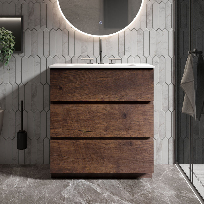 Derrance Single Bathroom Vanity with Ceramic Top, Brown, 30"