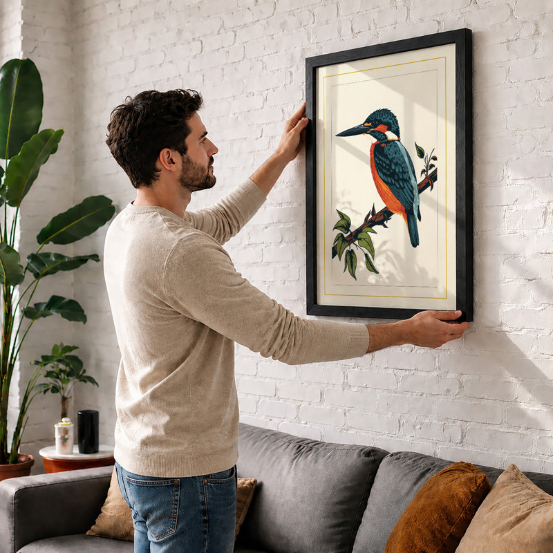 Kingfisher On Branch Botanical - Print, Walnut, A4 - 29.7 x 21.0 cm