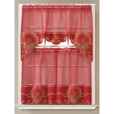 3pc Kitchen Curtain Set Lindsey design Christmas New Year Holidays Embroidered Modern Style Consist of 2 Tiers: 30"X36" each and a Swag: 60"X36" Red Color