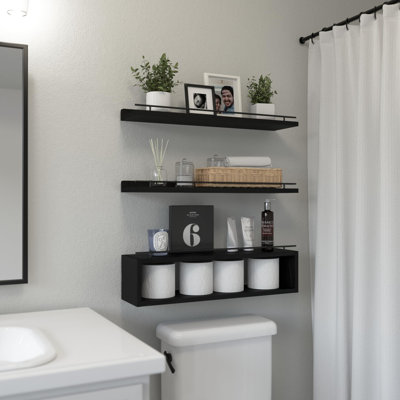 Tablettes flottantes pour le mur de 24 pouces avec tablette cubique, tablettes murales avec rail en métal pour le décor de la salle de bain, organisateurs de salle de bain et rangement, tablettes au-dessus de la toilette