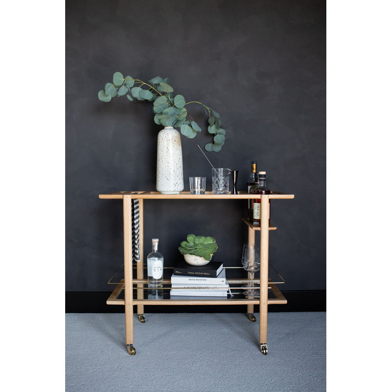 Solid Wood Bar Cart with Wheels, White Oak/Brass