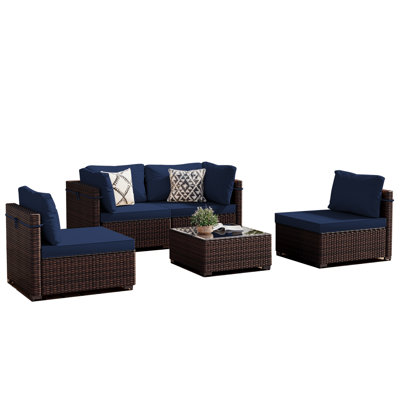  5-Piece Wicker Patio Conversation Set With Navyblue Cushions
