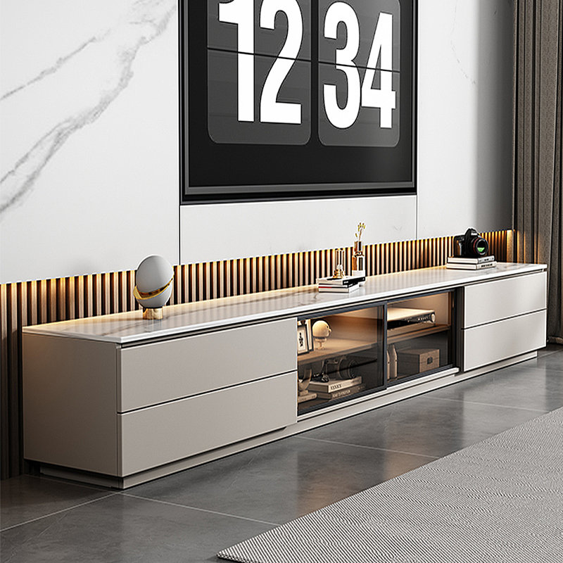 Meuble télé moderne en pierre frittée minimaliste, Gris clair, H 17,72 po x L 62,99 po x l 15,75 po