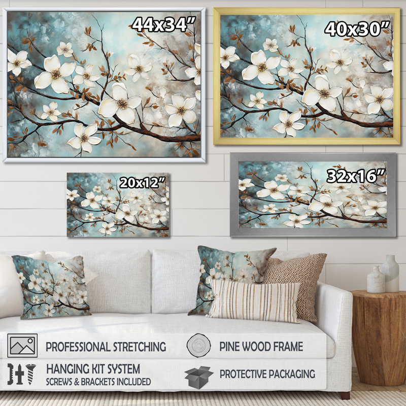 Dogwood Beauties - art mural cornouiller pour le salon, H 12 po x l 20 po x P 1 po, Toile tendue